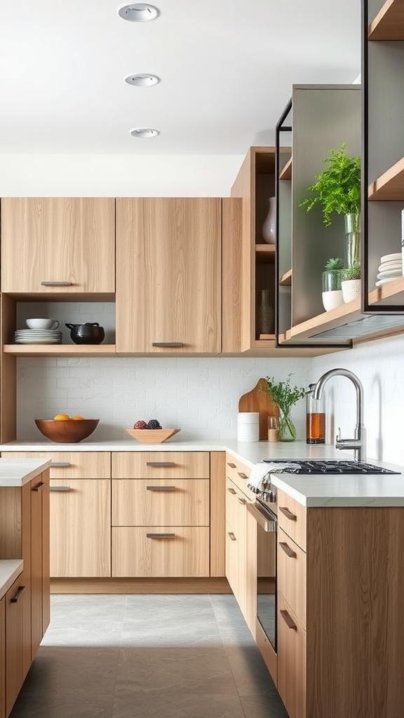 Modern kitchen featuring white oak cabinets with a mix of materials.