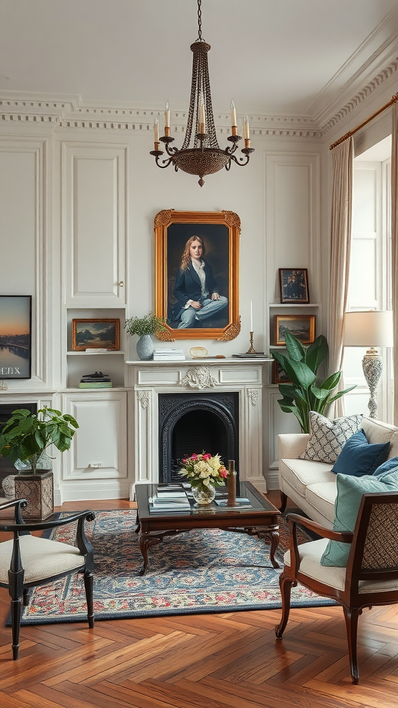 A stylish living room with a mix of modern and antique decor elements.