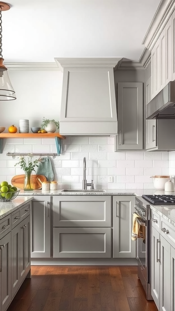 A modern kitchen featuring light gray cabinets, wooden accents, and a clean design.