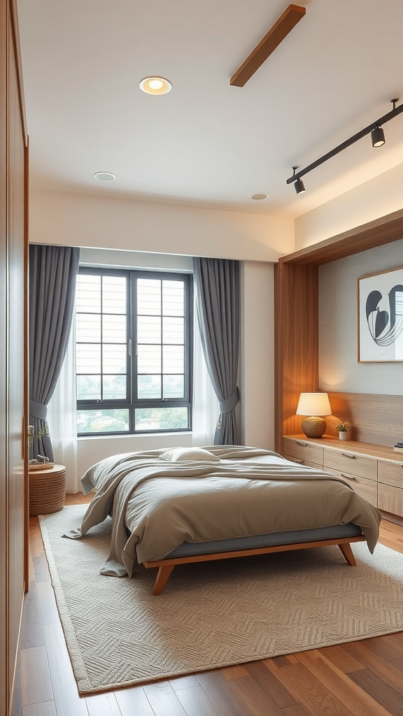 A cozy bedroom featuring modern and traditional furniture elements