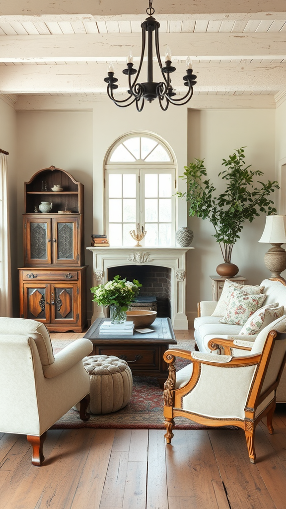 A rustic French country living room featuring a mix of vintage and modern decor.