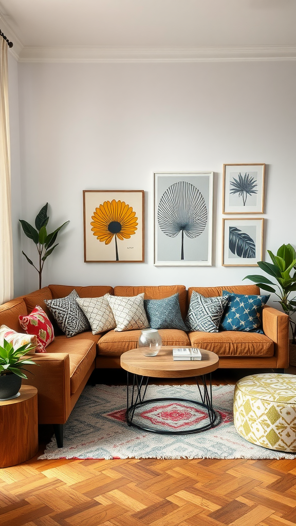 A stylish living room with a mix of patterns in pillows and a colorful pouf