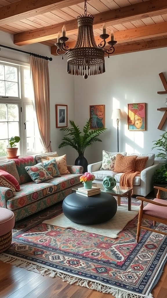 A cozy vintage boho living room with mixed patterns on cushions, rugs, and decor.