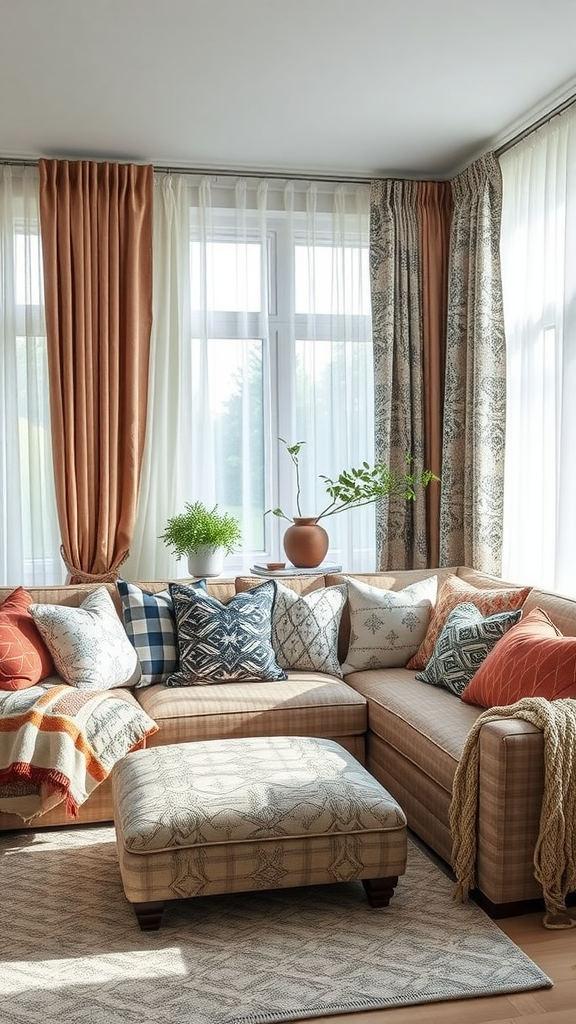 Cozy eclectic living room with a mix of patterned pillows and warm curtains