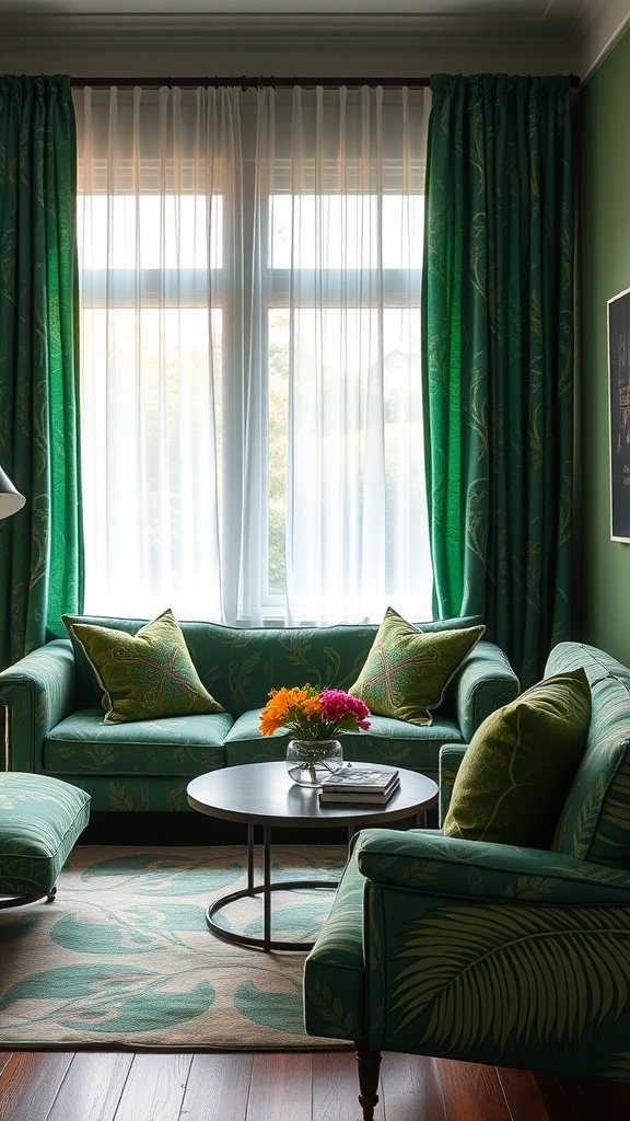 A stylish green living room featuring patterned cushions, curtains, and a rug.