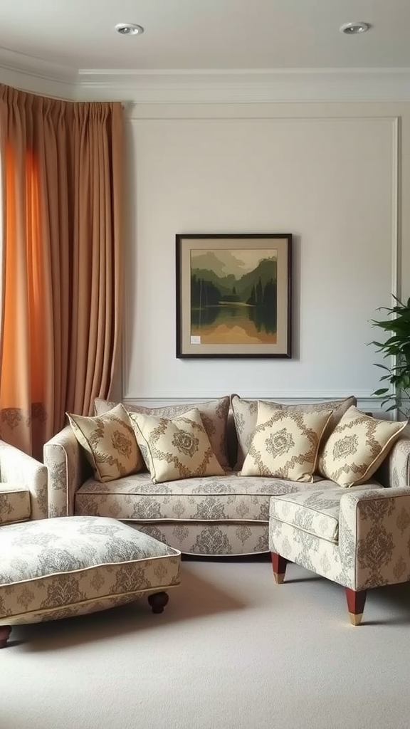 Cozy living room with warm tones, featuring patterned furniture and curtains