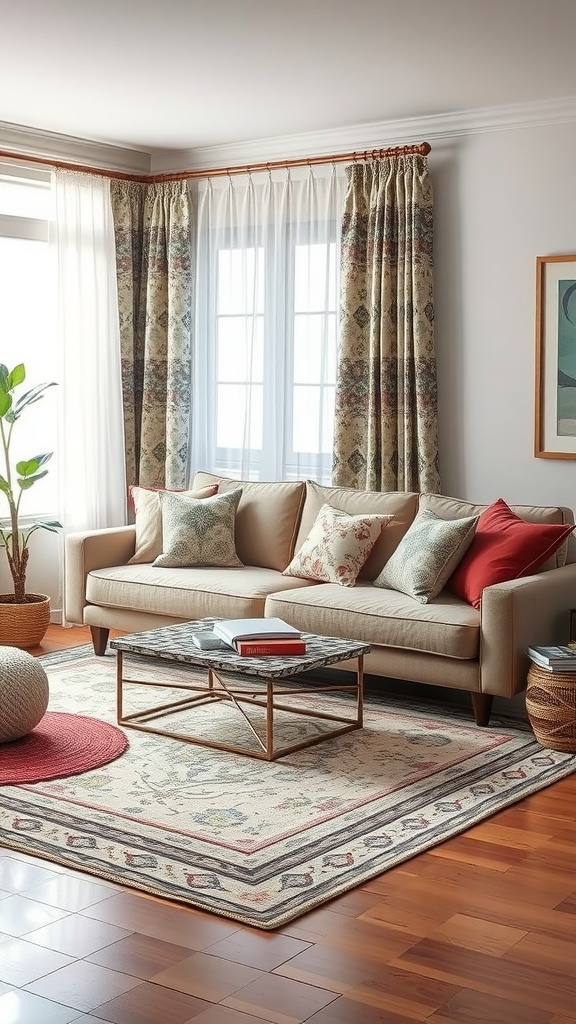 A modern living room featuring a beige sofa adorned with patterned pillows, a coffee table, and a decorative rug.