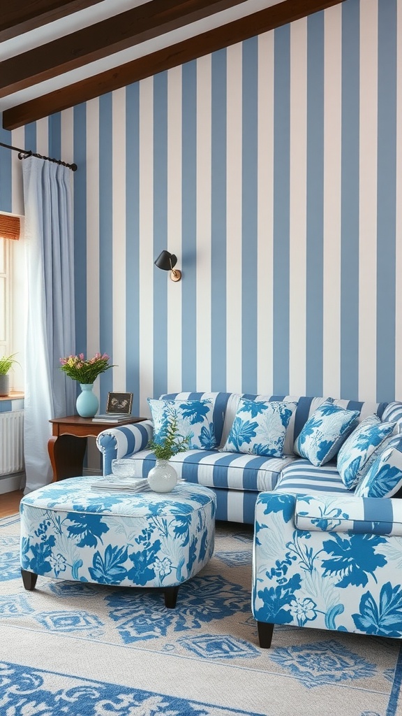 A living room with blue and white striped walls and floral patterned furniture.