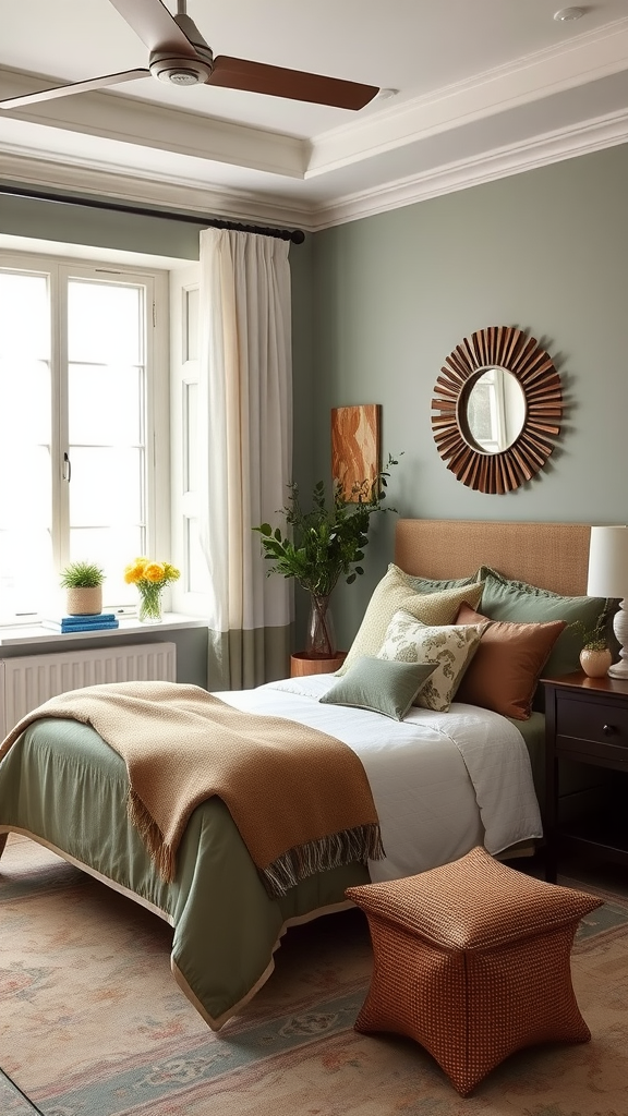 A cozy bedroom featuring sage green walls, earthy brown accents, and soft textures.