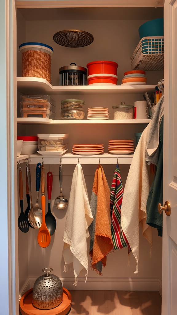 A well-organized corner kitchen pantry featuring shelves with containers and hooks for utensils.