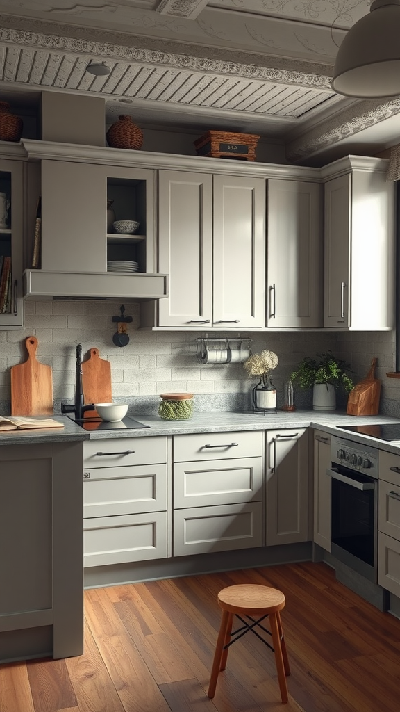 Light gray kitchen with wooden accents and cozy decor