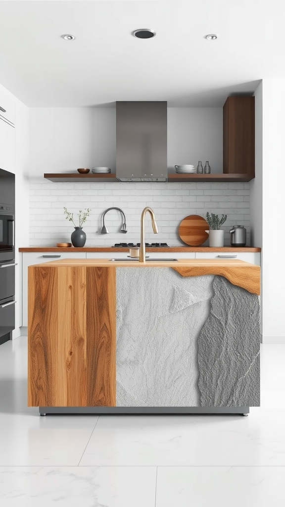 A modern narrow kitchen island featuring a mix of wood and stone textures.