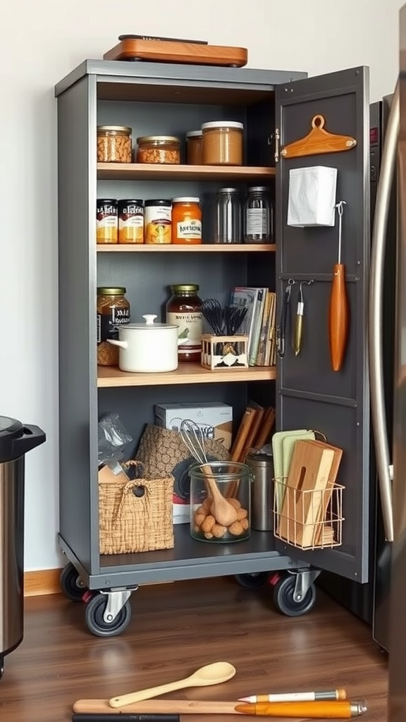 A mobile pantry cabinet with various storage items, showcasing an organized kitchen solution.