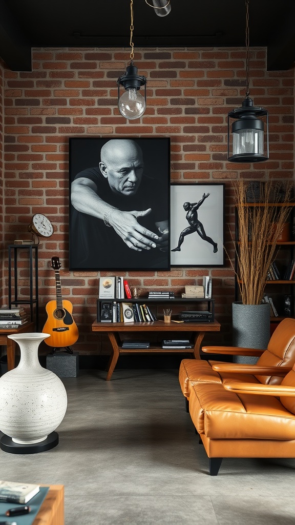 A stylish man cave featuring modern artwork and industrial decor, with exposed brick walls and cozy furniture.