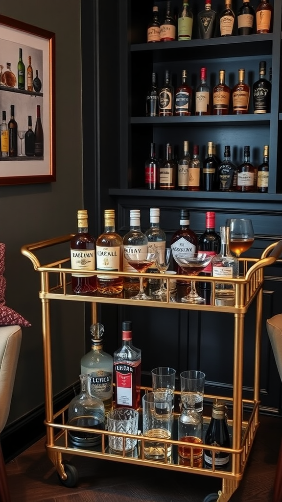 A stylish bar cart setup featuring various bottles of liquor and elegant glassware.