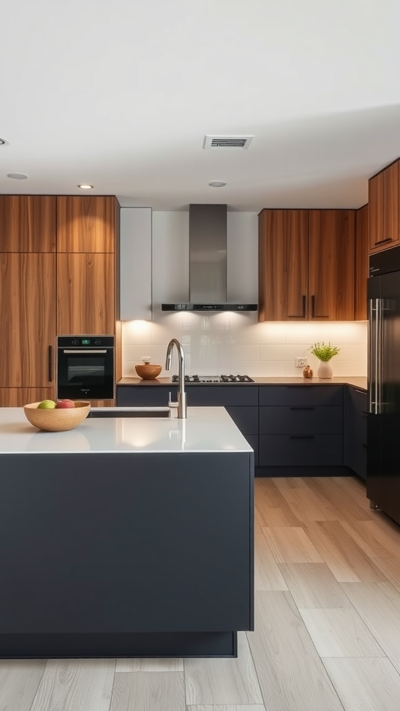 A modern kitchen featuring hickory cabinets and a sleek island.