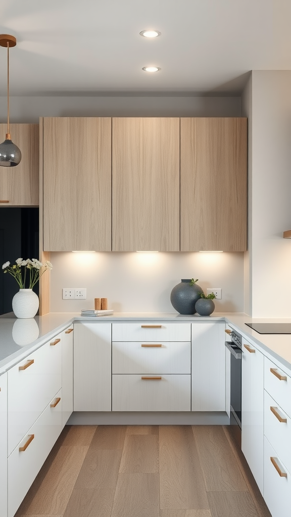 A modern kitchen with sleek white oak cabinets, a light countertop, and minimal decor.