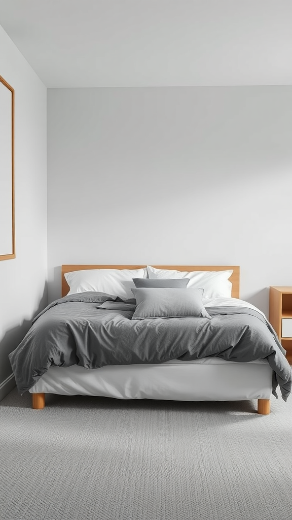 A minimalist dorm room with a neatly made bed featuring monochromatic gray bedding.