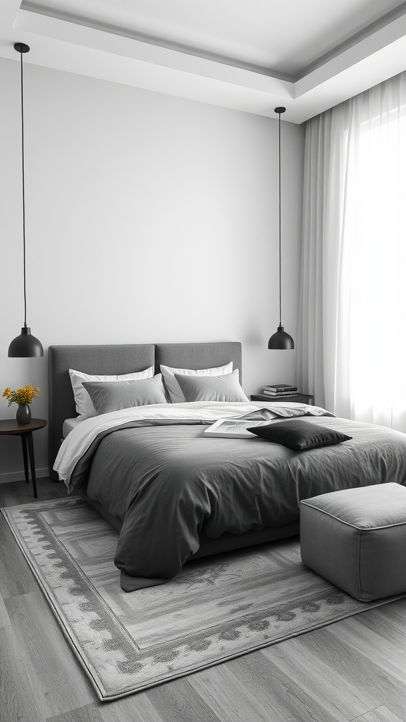 Minimalist bedroom with a monochromatic gray color scheme, featuring a bed with gray linens, minimalist decor, and modern lighting.