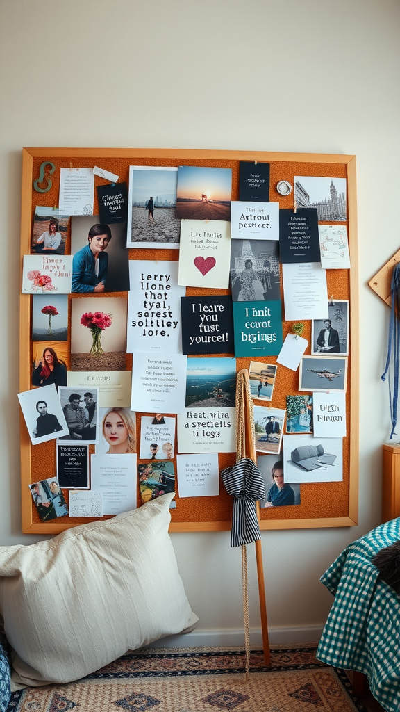 A vibrant mood board filled with photos, quotes, and art pinned to a corkboard, showcasing a mix of styles and inspirations.