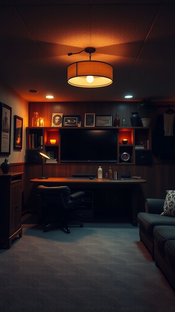 A stylishly lit man cave featuring mood lighting with dimmer switches, a cozy sofa, and a warm color palette.