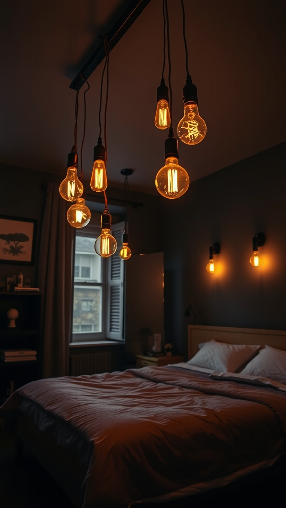 A cozy bedroom with Edison bulbs hanging above a bed, casting a warm glow.