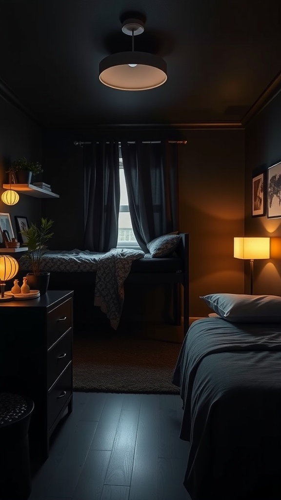 Aesthetic black dorm room with mood lighting from lamps.