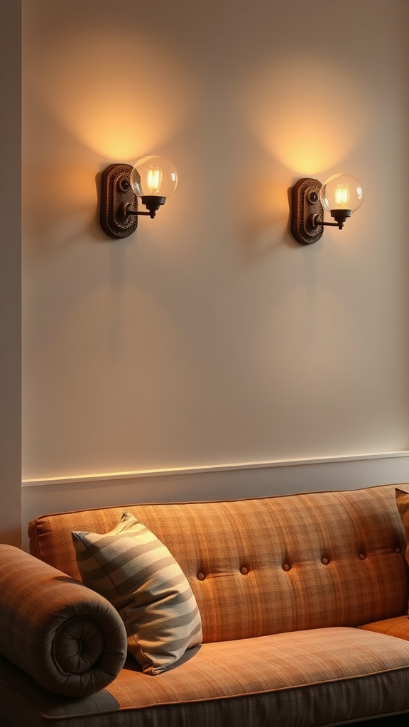 A cozy living room with stylish wall sconces above a couch