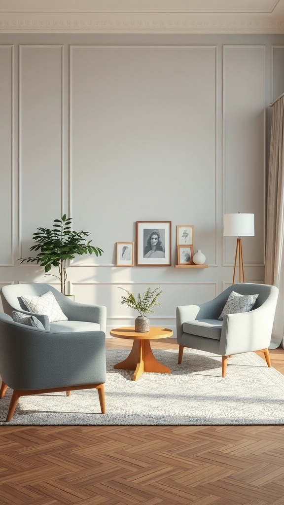 A living room featuring moonlight gray accent chairs, a wooden table, and decorative plants.