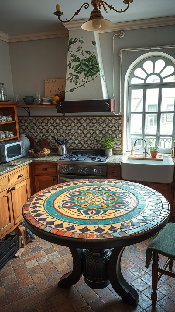 A beautifully designed mosaic tabletop in a cozy kitchen setting.