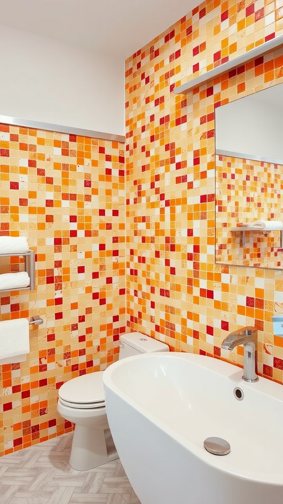 A bathroom featuring warm-toned mosaic tiles on the walls, with a modern bathtub and simple decor.