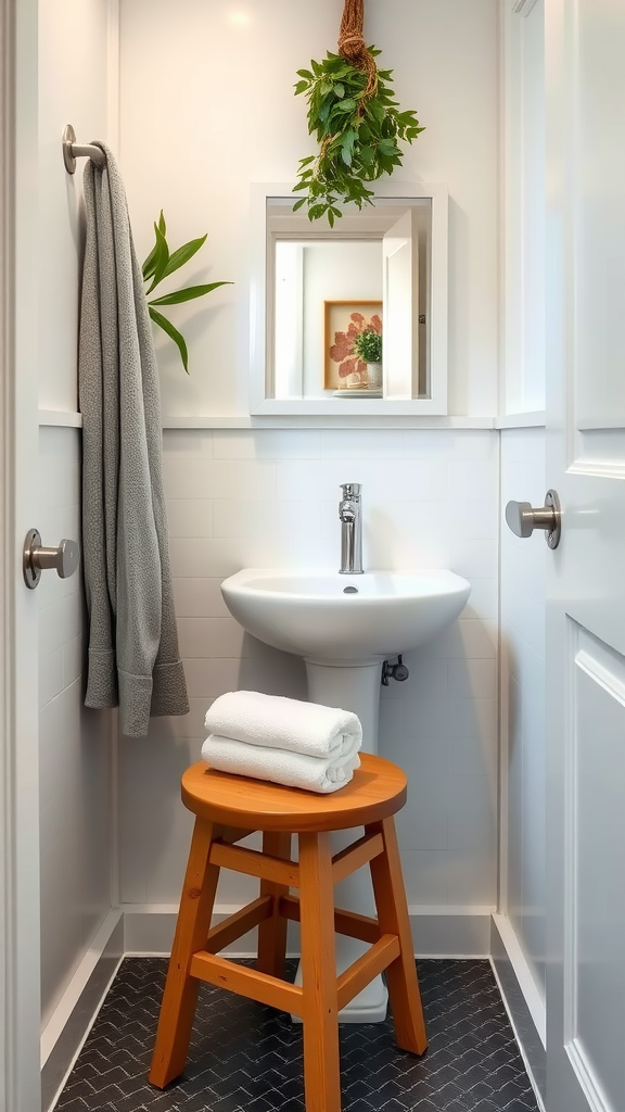 A small bathroom featuring a sink, a wooden stool with towels, and a cozy plant decor.