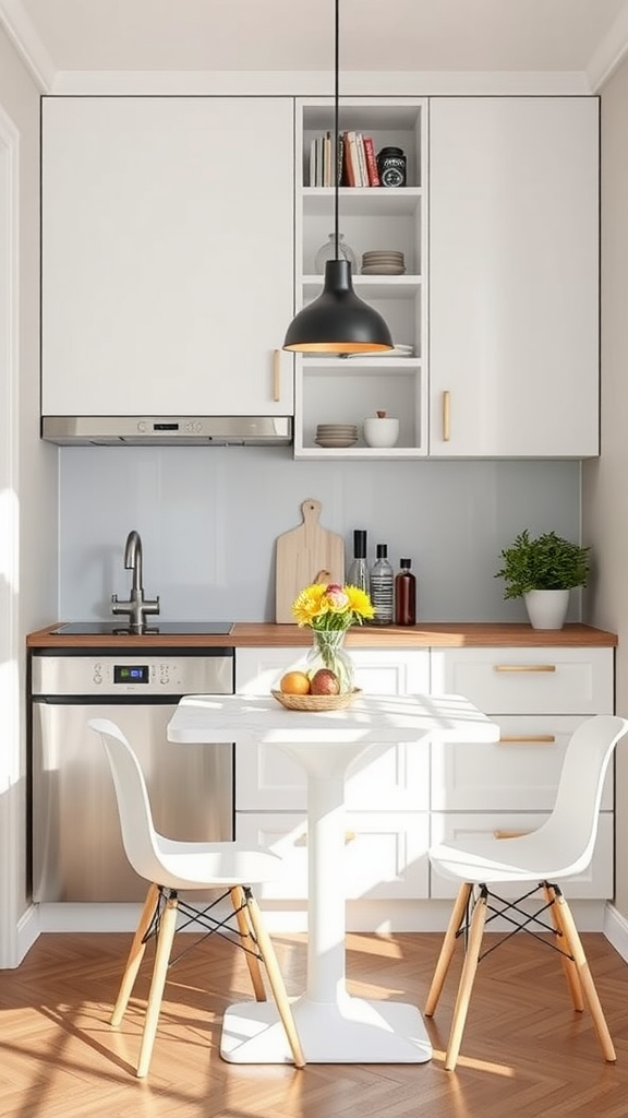 A modern kitchen with a small table and two chairs, featuring stylish cabinets and a cozy atmosphere.