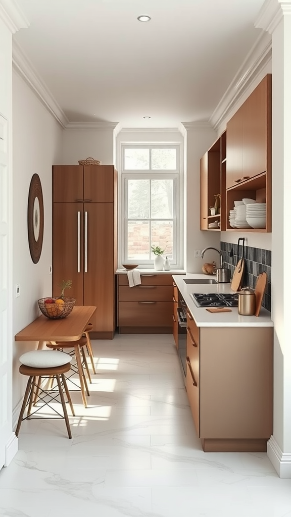 A narrow kitchen island in a modern kitchen with wooden cabinetry and a small dining table.