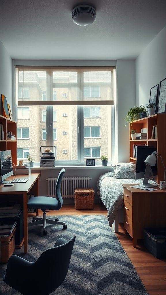 A cozy luxury dorm room featuring a modern desk, comfortable chair, and neatly made bed with natural light streaming in through large windows.