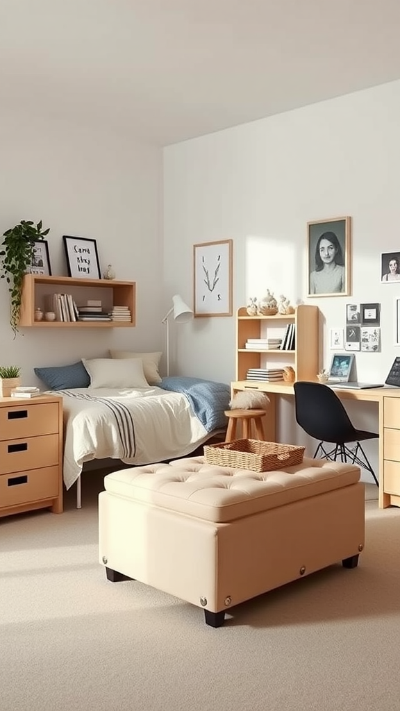 A minimalist dorm room featuring a bed, shelving, and a multi-functional ottoman.