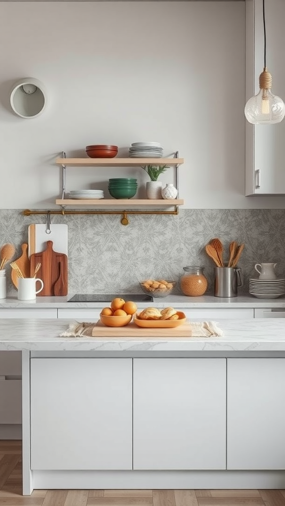 A stylish kitchen showcasing a multi-use countertop with food preparation and dining features.