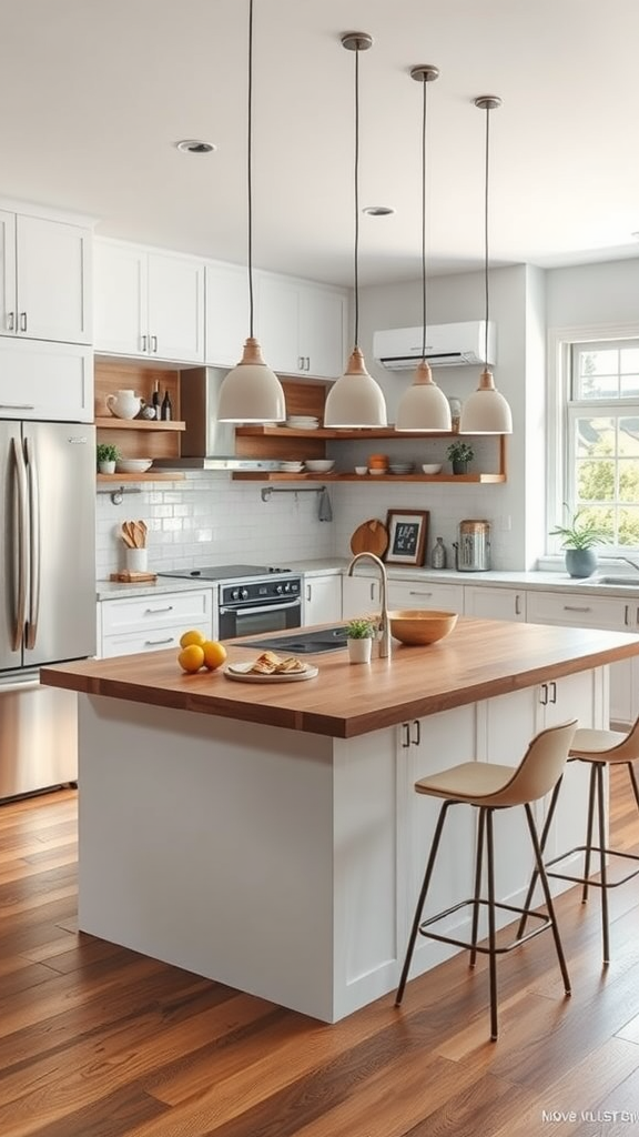 A modern kitchen featuring a multifunctional island with a wooden countertop.