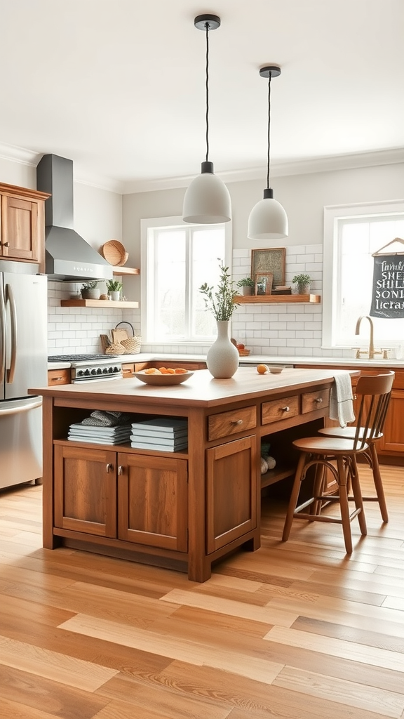 A cozy farmhouse kitchen featuring a wooden kitchen island with storage, surrounded by modern appliances and warm lighting.