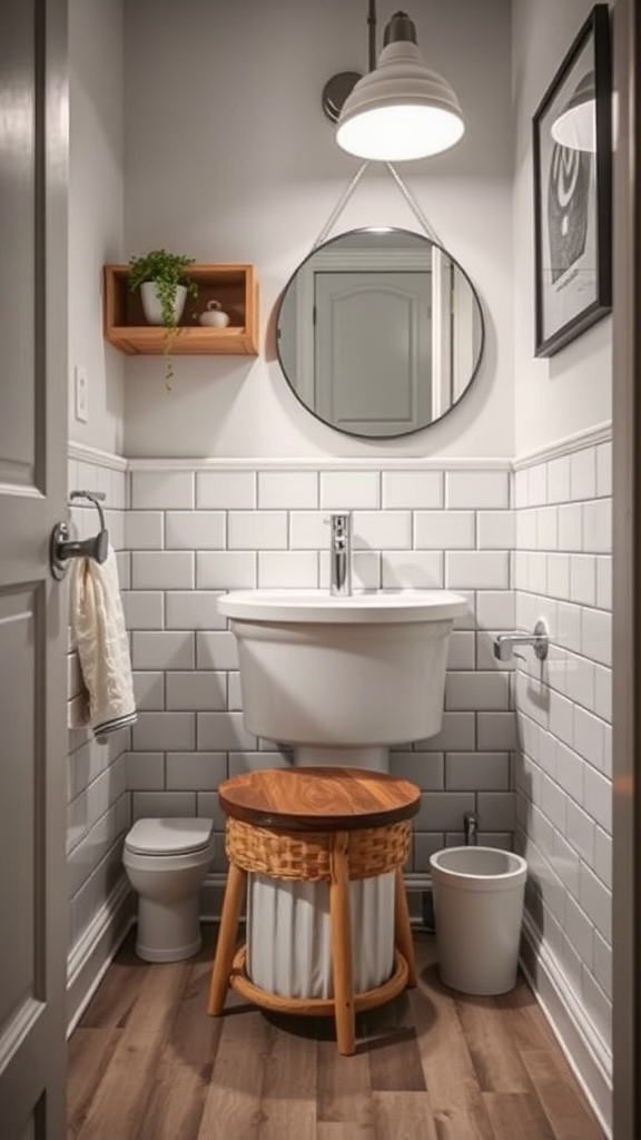 A small modern bathroom with multipurpose furniture, including a stool that serves as a storage basket.