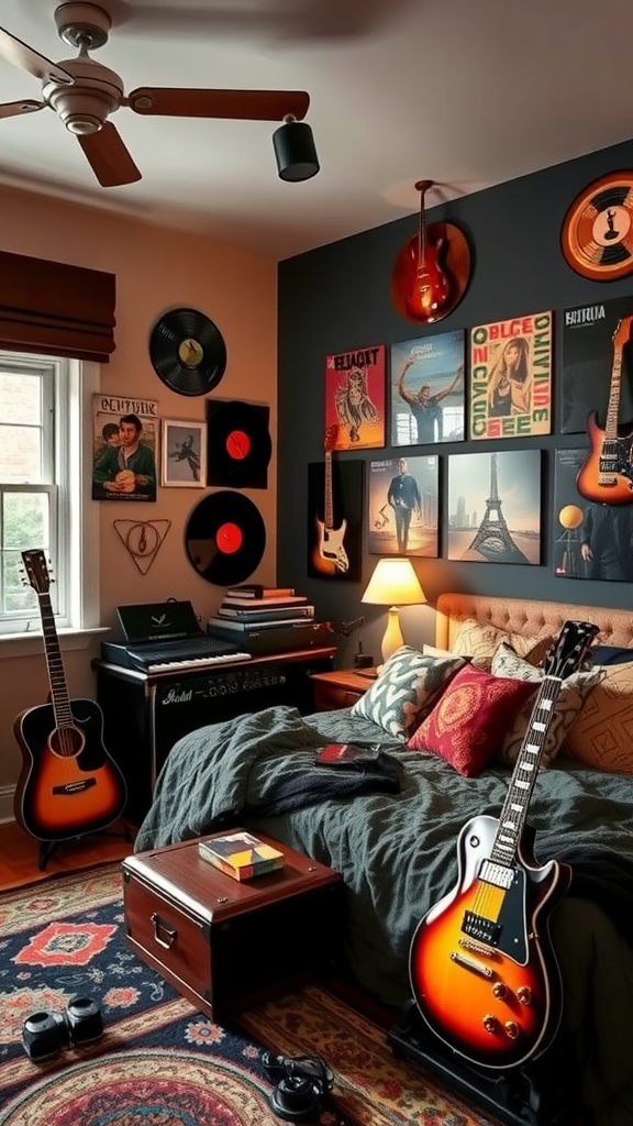 A cozy music-themed room with guitars, vinyl records, and a warm atmosphere.