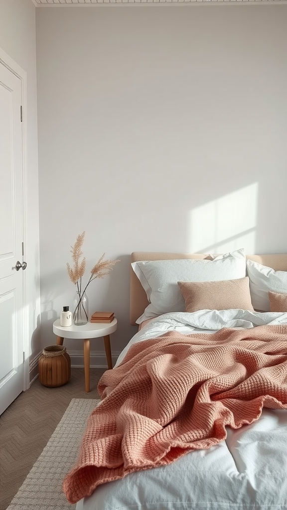 A minimalist bedroom featuring a soft pink throw blanket, white bedding, and a simple yet stylish decor.