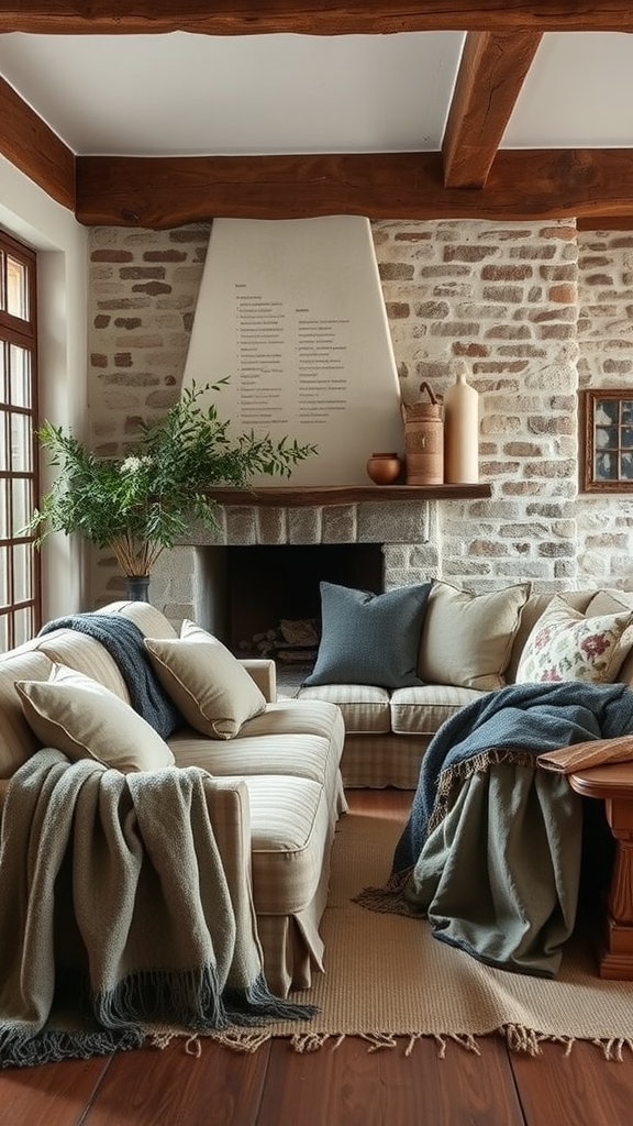 A rustic French country living room with soft muted fabrics and cozy decor.