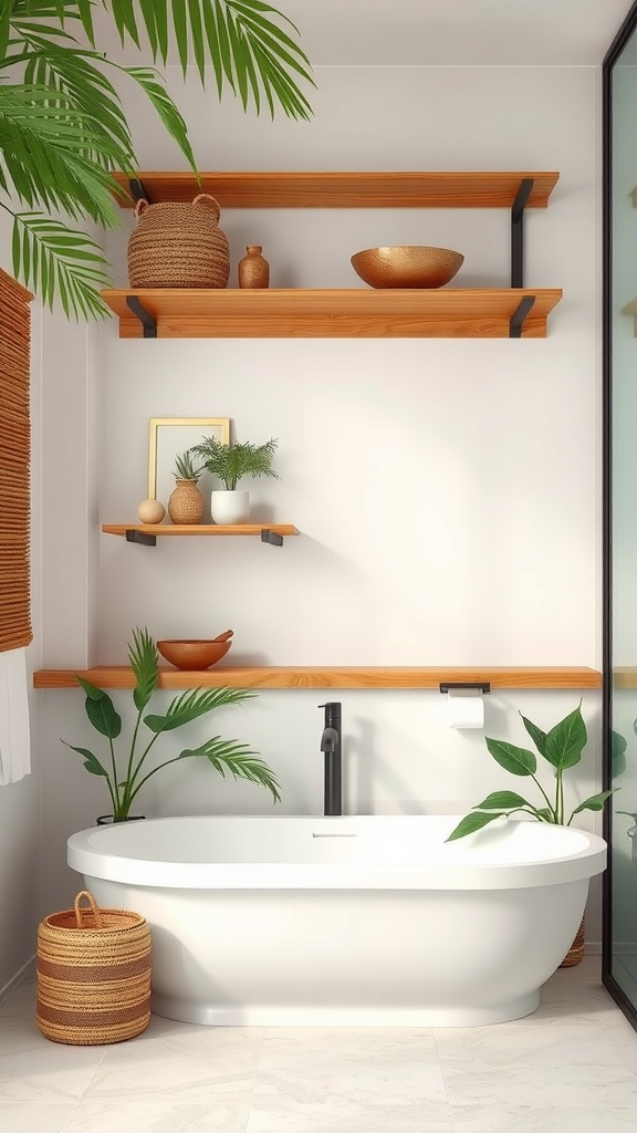 A bathroom with bamboo accents, featuring natural elements and a fresh design.