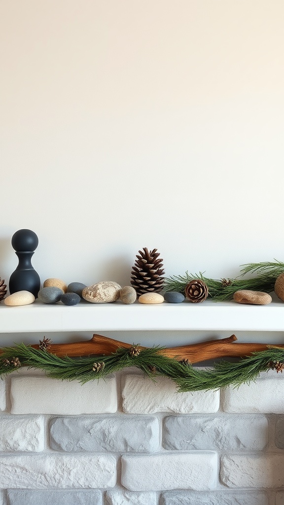 A farmhouse living room mantle decorated with stones, pinecones, and greenery.