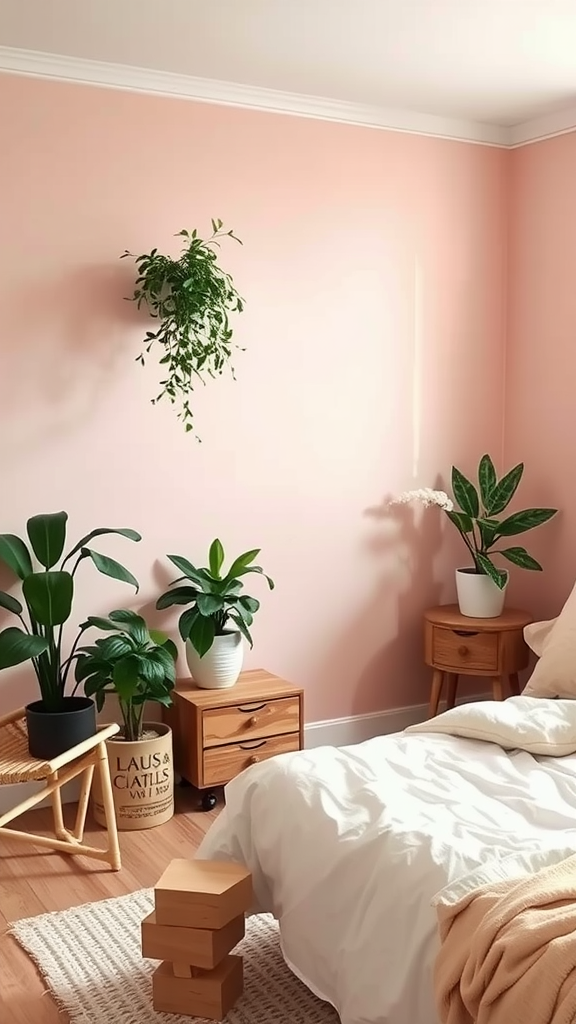 A cozy room with pink walls and various indoor plants.