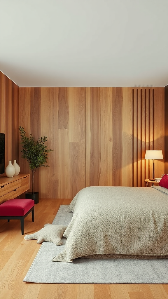 A burgundy-themed bedroom with wooden accents and natural textures.