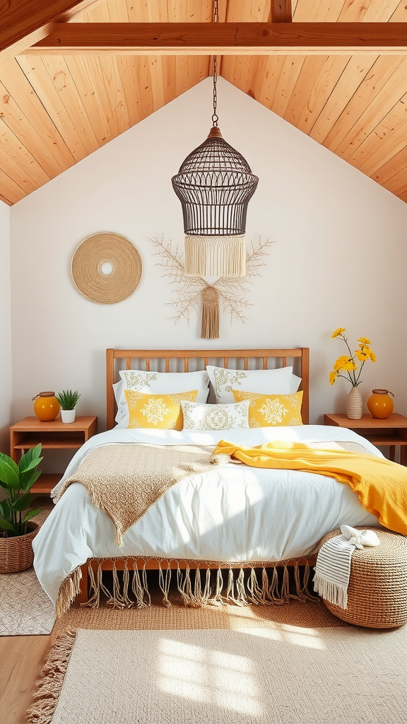 A cozy bedroom featuring natural wood elements and cheerful yellow decor, including vibrant pillows and a blanket.