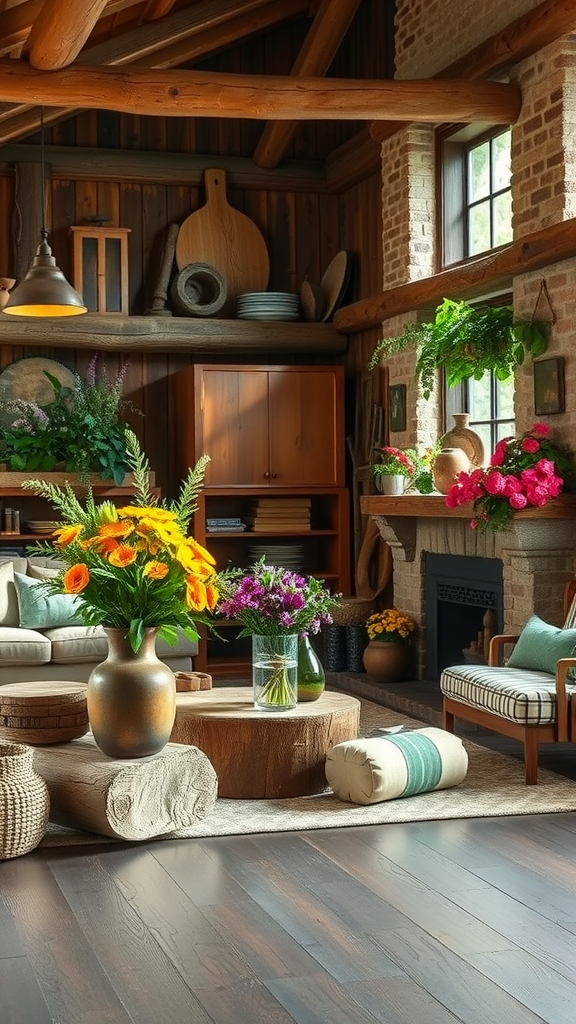 A rustic French country living room decorated with fresh floral arrangements and natural elements.