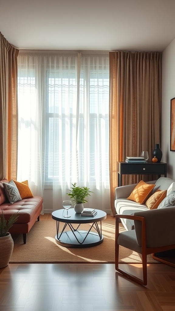 A sunny living room with natural fiber curtains, featuring a cozy sofa and rustic decor.